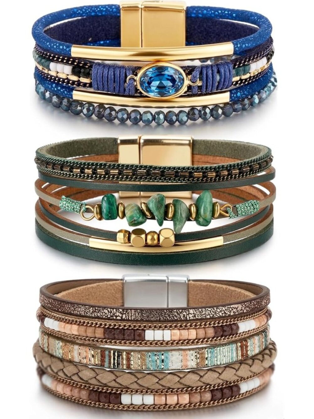 Boho Multi-Layer Leather Cuff Bracelets for Women - Crystal Beads & Leopard